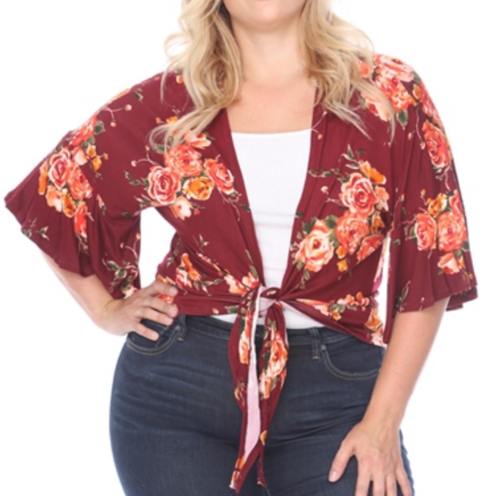 (3X) Plus Size Wine Floral Cardigan